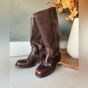 Dark brown square toed below the knee Frye leather boots.